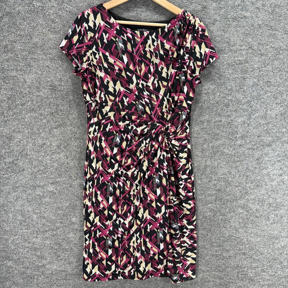 Ellen Tracy Dress Women 12 Black Geometric Sheath Midi Short Sleeve Casual